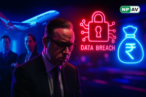 Qantas airplane with a cybersecurity warning symbol representing data breach and executive pay cuts