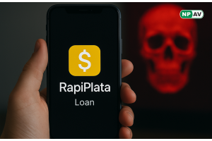RapiPlata Loan text on mobile behind skull in red light