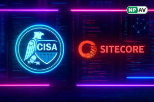 CISA and Sitecore logo with a red warning symbol indicating critical security vulnerability