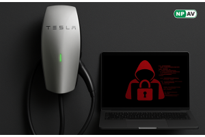 Tesla charger and laptop where on screen hacker and lock sign