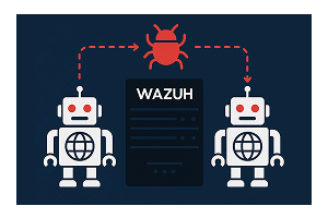 Two robot icons with red eyes stand on either side of a central server labeled WAZUH, connected by dashed red arrows pointing through a central red bug symbol, all set against a dark blue background.