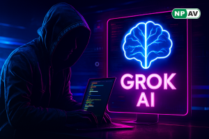 Grok AI logo with a warning symbol representing AI exploitation and malware spread