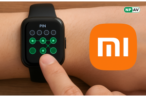 Xiaomi logo and smartwatch wear on hand