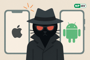 a cat with mobile screens behind one have apple another have android phone