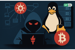 a hacker with bitcoin logo and linux server and prometei botnet