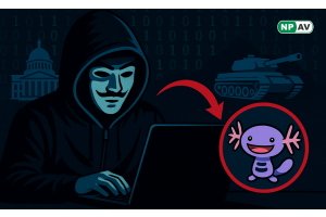 a hacker with laptop and each side have govt building and military weapon