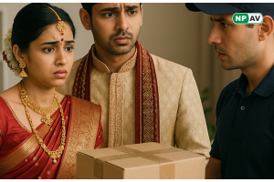 a newlywed couple receive courier from unknown