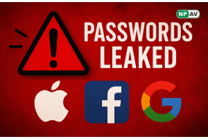 apple, facebook, and ggogle logo with danger sign and password leaked text
