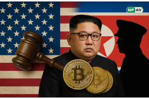 bitcoin with Kim Joun Un behind North Korea and U.S flag