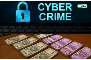 cyber crime text with indian currency notes and lock sign