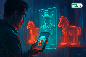 Infographic of Android banking trojan campaign: spoofed Play Store with WebSocket APK streaming, BankBot variants as fake apps (M-Pajak, BCA), domain clusters in Asia; icons for evasion, C2, and recommendations like blocking domains and verifying sources.