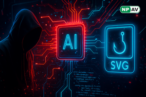 Infographic depicting AI-powered phishing: flowchart of compromised email distribution with BCC hiding, SVG file "23mb – PDF- 6 pages.svg" icon morphing into invisible business dashboard (zero-opacity charts with "revenue," "operations" labels), AI code g