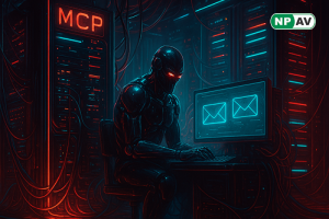 Diagram showing postmark-mcp npm package with hidden BCC line sending emails to attacker server giftshop.club, AI assistant icon granting full email/database access, Koi risk engine detecting anomaly, and warning signs for compromised organizations.