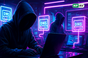 Infographic illustrating Dynamic DNS abuse: icons of subdomain rentals leading to C2 servers, threat actor groups (APT28, APT29, APT10) with arrows to obfuscated networks, 70,000 domains counter, and defensive barriers like monitoring tools and domain blo