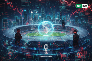 Infographic map of 2026 FIFA World Cup venues in Canada, Mexico, and USA, showing 16 stadiums with cyber threat icons (ransomware locks, hacktivist masks) overlaying ticketing/streaming systems; arrows to collaboration nodes for security teams, and shield