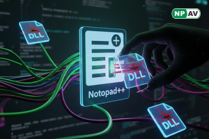 Diagram illustrating Notepad++ DLL hijacking attack: malicious NppExport.dll replacement in plugins folder, proxying to original DLL, code execution flow upon app launch, with icons for Windows search paths, message box PoC, and mitigation shields like mo