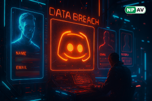 Infographic of Discord data breach: icons for exposed data (names, emails, photo IDs, support messages) flowing from third-party vendor to attacker; secure shields around unaffected elements like passwords; timeline of response with investigation, notific