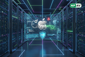 Illustration of CVE-2025-43400 vulnerability: malicious font file icon triggering out-of-bounds write in Apple's parser, leading to memory corruption arrows toward app crash and RCE icons; macOS Sequoia update shield blocking the attack, with September 29