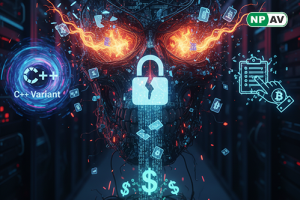 Ransomware threat infographic: Chaos logo morphing into C++ code with red destructive icons (file deletion, clipboard swap for Bitcoin wallet), encryption chains on folders, FortiGuard shield blocking attacks; background shows locked computer with exfiltr