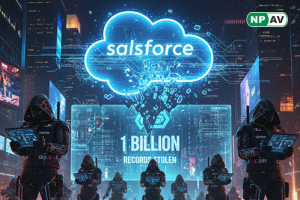 Cyber extortion infographic: Hacker collective "Trinity of Chaos" icons (Muddled Libra, Bling Libra, LAPSUS$) with 1B Salesforce records flowing to dark web DLS site; timeline of October 3 launch and FBI October 9 seizure, fraud arrows to retail/hospitali
