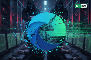 Browser security alert graphic: Microsoft Edge icon with cracked IE Mode shield, red arrows showing zero-day Chakra exploit leading to RCE and sandbox break; deceptive site prompt and malware icons, protective settings menu overlay with "Migrate from Lega