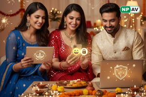 “NPAV Diwali greetings – glowing diyas and digital shield symbolizing online safety and light over darkness”