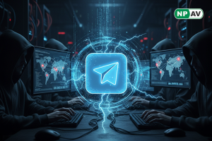 Cyber alert infographic: Telegram app icon with hacktivist masks and DDoS bomb symbols, arrows showing 11,000 posts and hashtags spreading globally; protective shield for monitoring tools, warning "Track Your Threats" banner over world map of attack vecto