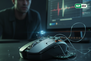 Eavesdropping threat graphic: Mouse icon emitting sound waves to capture speech, AI brain processing data for theft; red alert flags on desk setup, protective shields for shutdowns and updates, with "Stop the Spy" warning banner.
