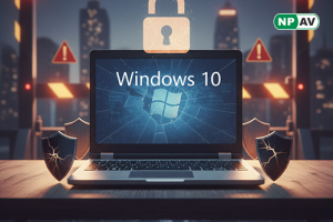 Security alert infographic: Windows 10 icon with cracked shield and red malware arrows, transition path to Windows 11 with ESU badge; protective tools like antivirus and backups, warning "Update Now" banner over user device.