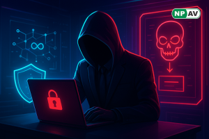 Ransomware threat graphic: VPN icon breached by hacker arrows leading to encrypted folders and data theft; protective shields for MFA and firewalls, with "Secure Your Network" warning banner over a corporate setup.