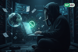 Cyber threat infographic: Mysterious Elephant icon with WhatsApp chat arrows stealing data streams; malware tools like BabShell and evasion shields, protective network monitoring icons, and "Secure Your Data" warning banner over global map.