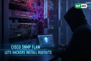 Cybersecurity alert graphic: Cisco device icon with red SNMP arrows leading to rootkit deployment, hacker figures accessing data; protective shields for patches and EDR, with "Secure Your Systems" warning banner over a network diagram.