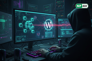 Cyber threat infographic: WordPress site icon with blockchain links spreading malware icons (Atomic, Lumma); red arrows showing payload delivery, protective shields for updates and antivirus, with "Secure Your Sites" warning banner over a digital network.