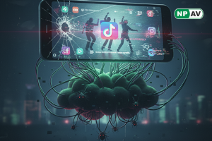 Cyber threat infographic: TikTok video icon with PowerShell command arrows leading to malware icons (AuroStealer, crypto theft); protective shields for antivirus and MFA, with "Don't Run Unknown Commands" warning banner over a social media feed.