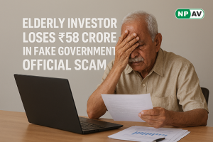 Cyber fraud alert graphic: Elderly person on video call with fake official badge, money transfer arrows to scam accounts; handcuffed suspects and police icons, protective shields for verification and reporting, with "Verify Before Transferring" warning ba