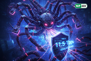 Infographic on AISURU botnet: timeline of 2025 DDoS records up to 11.5 Tbps, diagram of 300,000-node network from Totolink compromise, profiles of leaders Snow (dev), Tom (vulns), Forky (sales), social media leak screenshots, Easter egg icons, and warning