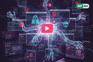Malware alert infographic: YouTube play button with ghost icons spreading infostealers, red archive locks; protective shields for antivirus and reporting, with "Avoid Game Hacks" warning banner over a video feed.