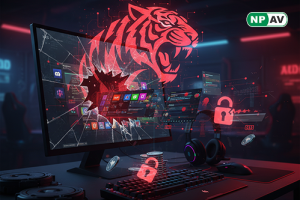 Malware alert infographic: Gamer avatar with RedTiger claws stealing Discord and crypto icons, webcam eye; protective shields for 2FA and updates, with "Secure Your Gaming" warning banner over a gaming setup.