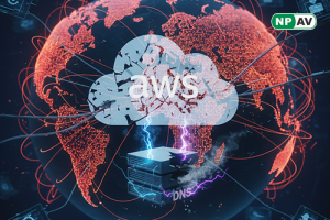Outage alert infographic: AWS cloud with DNS error icons, arrows to disrupted services like Amazon and Netflix; protective shields for monitoring and diversification, with "Build Resilience" warning banner over a global network.