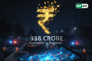 Fraud alert infographic: Chinese app icon tracking police actions, arrows to money shifts and crypto wallets; protective shields for KYC and freezes, with "Secure Your Accounts" warning banner over a Rajasthan map.