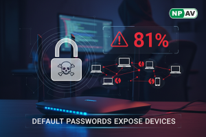 Security alert infographic: Router icon with unlocked password, arrows to malware and botnets; protective shields for password changes and updates, with "Secure Your Router" warning banner over a home network.