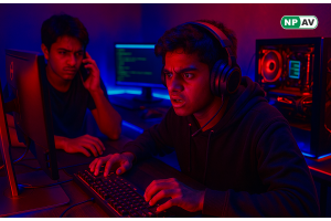 two young adults palying game on pc and shocking after loose money