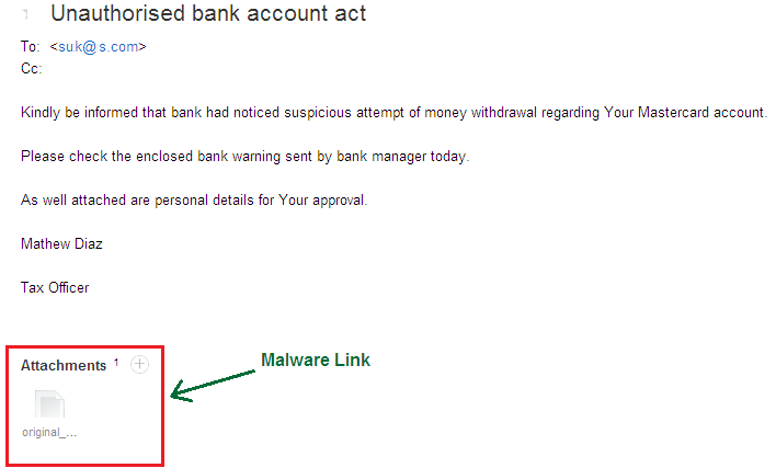 Malware spam: "Unauthorised bank account activity"