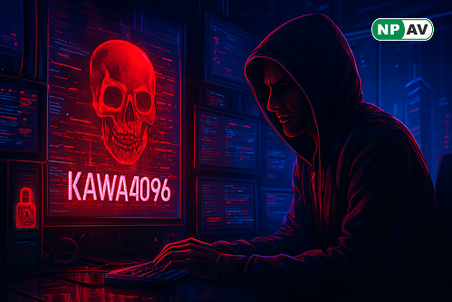 Diagram illustrating Kawa4096 ransomware’s double extortion attack, showing data theft, partial file encryption, and public leak threats targeting multinational corporations.