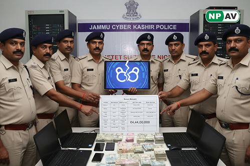 Jammu Cyber Police operation graphic: handcuffed suspects from Surat raid, ₹4.44 crore money transfer icons flowing to fraudsters, businessman under "digital arrest" phone call with fake cop badge, warning signs for scams, Indian flag overlay with 1930 he