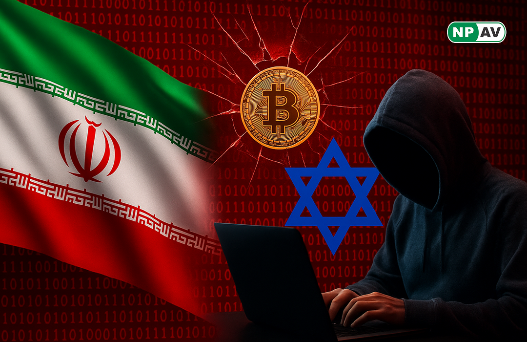 Israel and iran flag with hacker and crypto sign