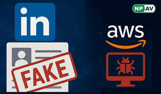 Linkedin and AWS logo with fake remark and malware sign on PC