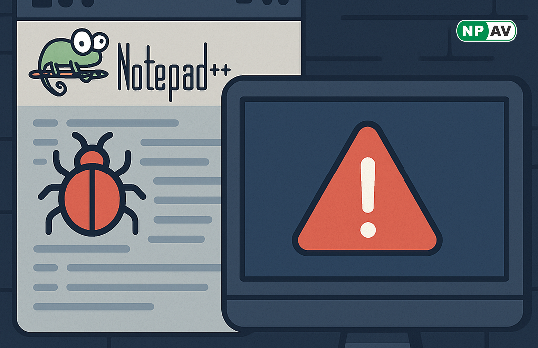 Notepad ++ with vulnerability sign and computer screen have alert mark