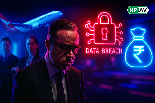 Qantas airplane with a cybersecurity warning symbol representing data breach and executive pay cuts
