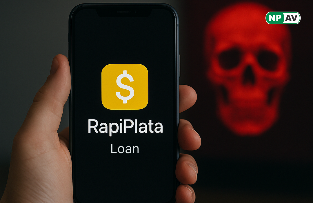RapiPlata Loan text on mobile behind skull in red light